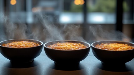 Three dark bowls of steaming, cheesy pasta dish