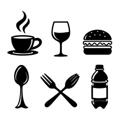 Collection of simple black icons representing food and drink items