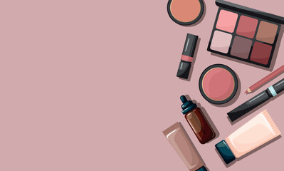 Assorted makeup products arranged on a pastel pink background . Beauty Products cosmetics top view. Vector