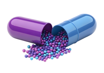 Opened purple blue capsule with granules  on transparent background