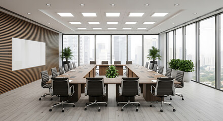 Modern Conference Room with U Shaped Table and City View Featuring Sleek Chairs Natural Light and Potted Plants
