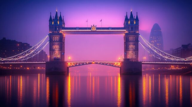 Tower Bridge at dawn, misty reflection
