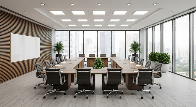 Modern Conference Room with U Shaped Table and City View Featuring Sleek Chairs Natural Light and Potted Plants