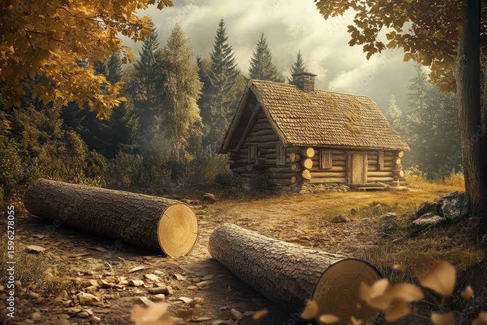 Poster log cabin in autumn forest with fallen trees on rustic path in serene landscape