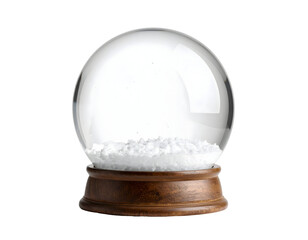 A clear glass snow globe with a rustic wooden base and a bed of soft white snow awaits a festive scene.