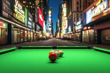 Nighttime billiards with a vibrant city backdrop and neon lights illuminating the street
