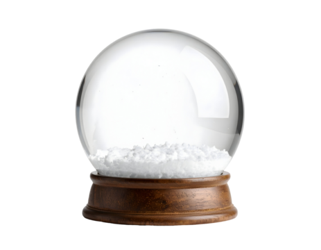 A clear glass snow globe with a rustic wooden base and a bed of soft white snow awaits a festive scene.