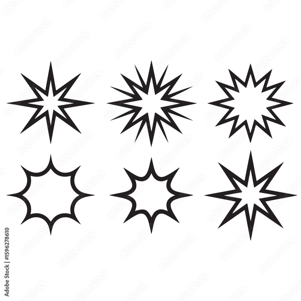 Poster a set of six black and white starburst shapes arranged in a grid pattern on a white background desig
