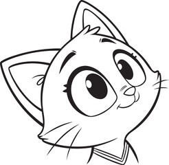 cute cartoon kitten, realistic digital art, detailed furry face, big expressive eyes, soft fluffy fur, simple line art style, black and white illustration
