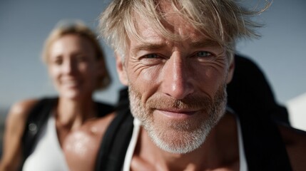 Happy couple enjoying outdoor adventure on a sunny day at the beach