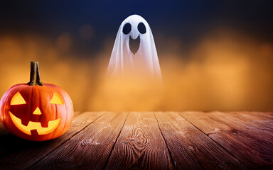 Halloween view, wide background with pumpkin ghost, copy space, empty space in the middle