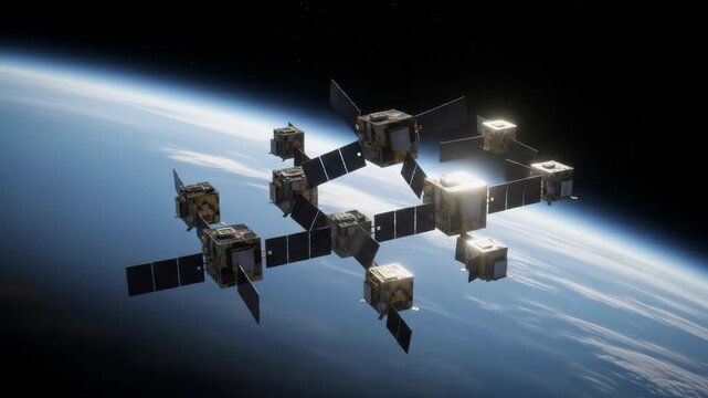Multiple Satellites in Earth Orbit: Dark Blue Space Background