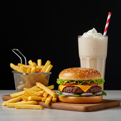 Delicious Burger Meal: Fries and Milkshake on a Modern Background. 8k.