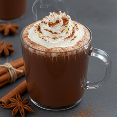 Delicious Hot Chocolate with Whipped Cream and Spices, Photorealistic 8K Still Life.