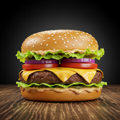 Delicious Juicy Beef Burger Stack with Cheese and Fresh Veggies on Wood.