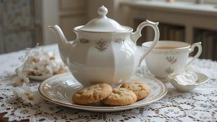 Fototapeta premium Elegant Afternoon Tea with Biscuits – Vintage Porcelain Teapot and Cup on Lace Tablecloth