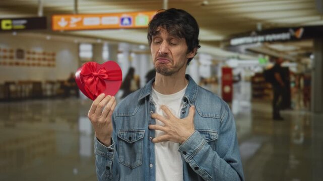 Man holds red heart shaped gift box tightly and clutches chest in a busy airport terminal with tense expression; heartattack frustration.