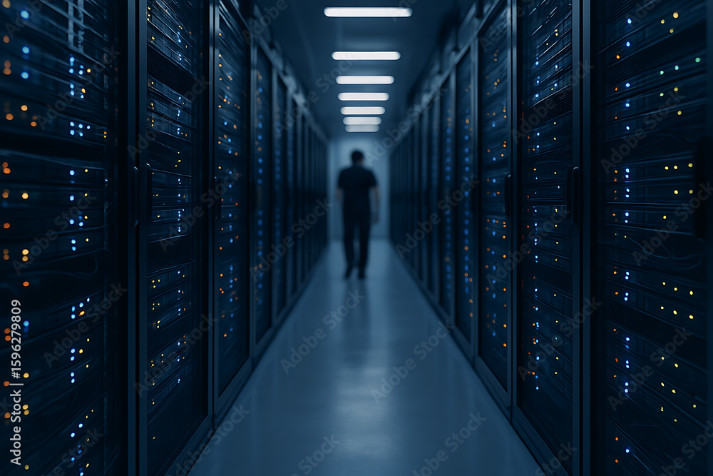 Poster server room corridor with person walking in the background illuminated by servers