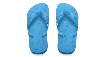 Two blue flip-flops with water droplets, isolated on a white background.