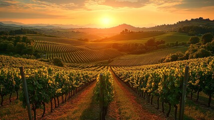 Naklejka premium Vineyards at sunset, rolling hills
