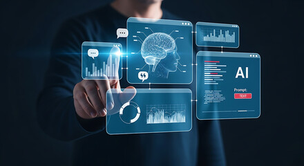 Futuristic Technology Interface A Man Interacting with a Digital Brain and Data Visualization Representing Artificial Intelligence and Modern