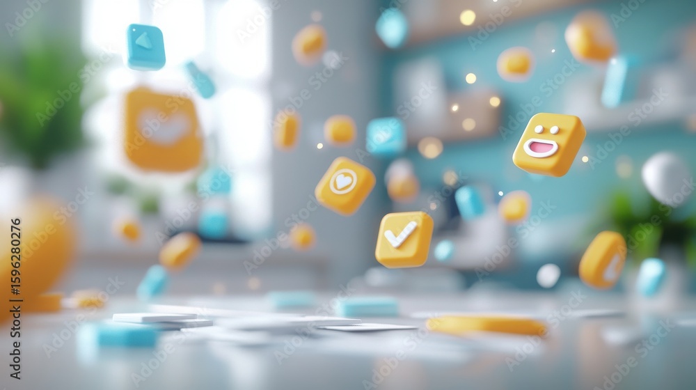 Poster dynamic digital icons floating in a modern kitchen 3d animation bright and cheerful environment enga