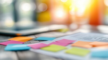 Productivity boosting strategy session office workspace document analysis bright environment close-up view creative collaboration