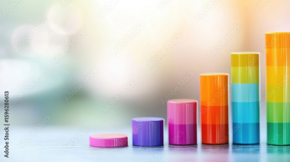 Poster colorful gradation of cylinders representing data growth in a modern workspace soft focus background