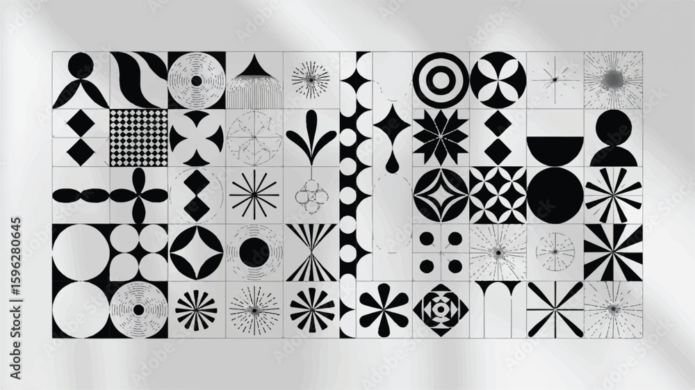 Poster a collection of black and white geometric design elements arranged in a grid pattern on a white back
