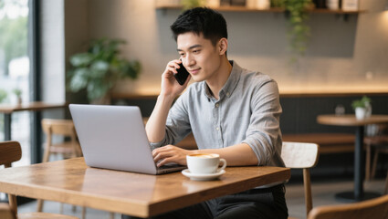 Obraz premium Asian man working on computer, talking on phone, sitting in cafe, casual, focused, coffee cup, modern workspace