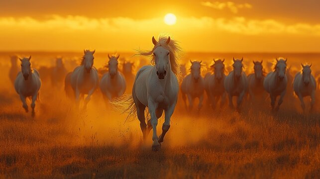 White horses gallop at sunset