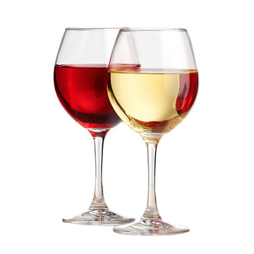 Two elegant wine glasses, one filled with red wine and the other with white, stand isolated on transparent background