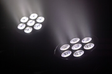 RGB stage lights with white smoke. Concept: Show, show, technology, lighting.