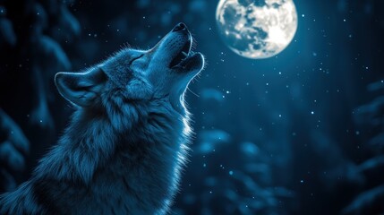 Wolf howling at moon in snowy forest