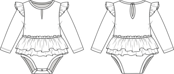 cad drawing flat vector illustration baby girl romper with ruffle skirt long sleeve bodysuit fashion technical sketch front back © Biplob Creatives