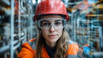 Woman in hard hat, safety glasses,  with digital overlay