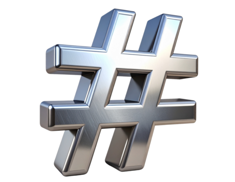 3D Chrome Hashtag Symbol, Front View, Isolated on Transparent Background PNG