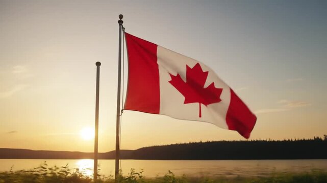 Canada Flag Waving Proudly at Golden Hour: Scenic Lakeside National Symbol