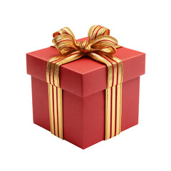 Obraz premium A red gift box adorned with a gold ribbon and bow is isolated on transparent background, symbolizing celebration and festive occasions