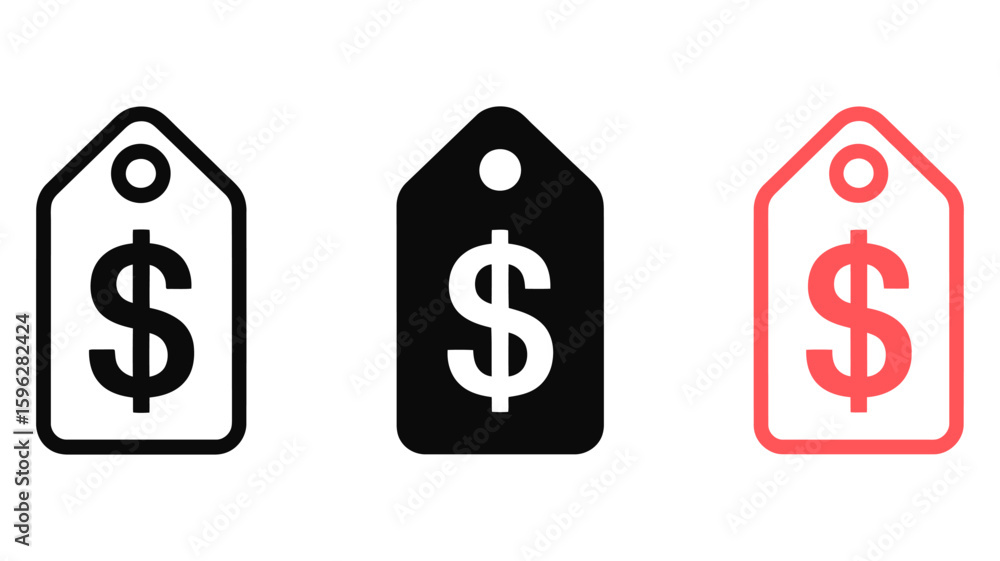Poster vector art of three price tag icons featuring a dollar sign in different styles