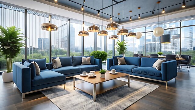 A stylish modern office lounge with comfortable blue sofas and a coffee table