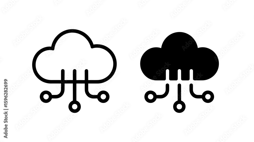 Poster vector art of outline and solid black cloud computing icons with network connections