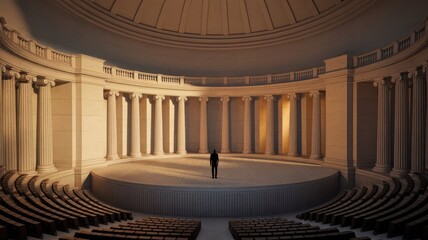 Solitary Figure in Grand Auditorium, contemplative moment in a historic hall