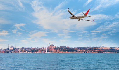 Airplane flying over the historical island - Istanbul, Turkey
