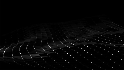 Wave of flowing particles on dark background. Abstract backdrop with dynamic elements of waves and dots. Vector