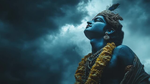 The Lord Krishna over blue background, Krishna's birthday concept