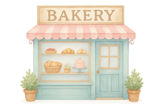 Watercolor painting depicting cozy bakery interior, displaying freshly baked pastries, cakes, bread with soft, inviting color palette
