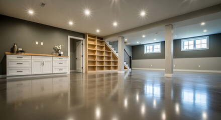 Spacious Finished Basement with Polished Concrete Floors Custom Built in Shelving and Natural Light from a Window Creating