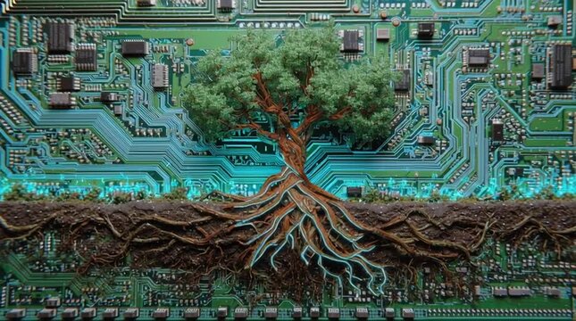A captivating fusion of nature and technology, showcasing a tree rooted in a circuit board, symbolizing the interconnectedness of the digital world and the environment.