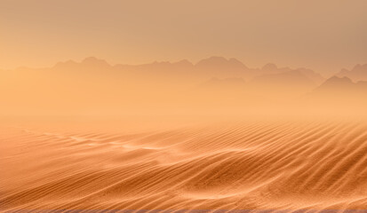 Panoramic view of orange sand dune desert with orange mountains and hill - Namib desert, Namibia